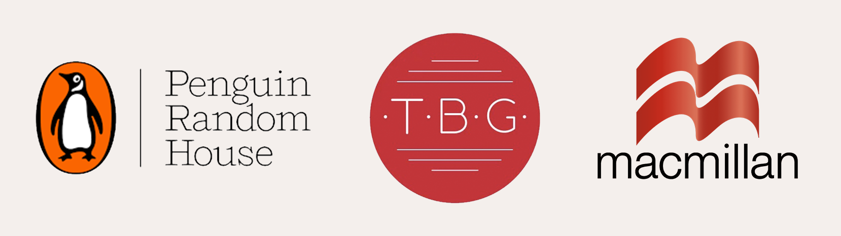 Publishing experience logos: Macmillan, The Book Group, and Penguin Random House